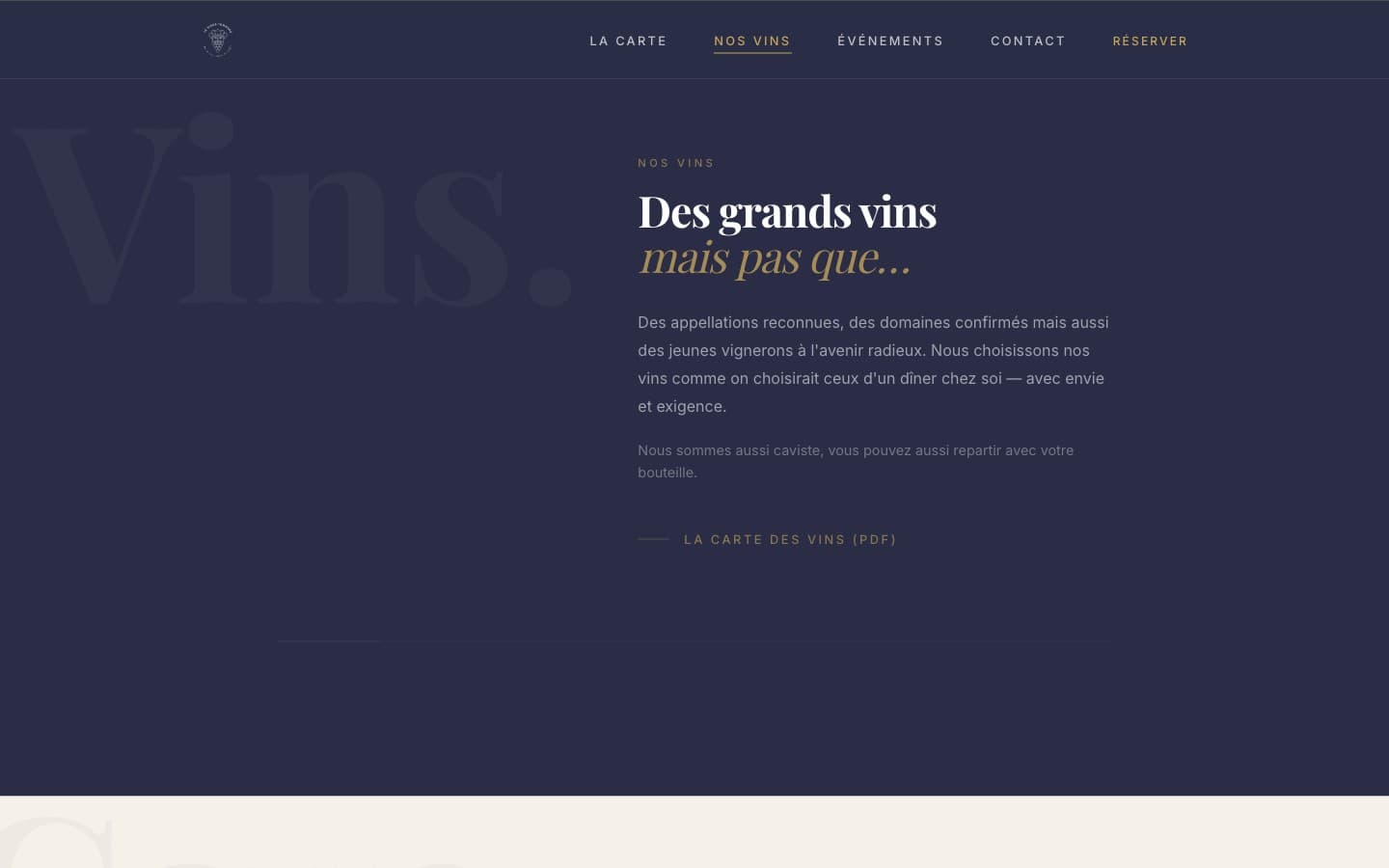 Section nos vins avec titre Des grands vins mais pas que
